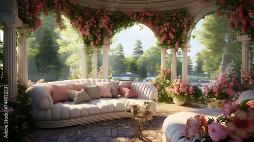 An elegant garden pavilion with a curved sofa set, surrounded by blooming flowers and lush greenery.