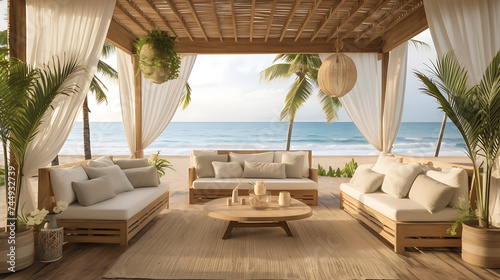 A beachfront cabana with a chic rattan sofa set  flowing curtains  and panoramic views of the ocean.
