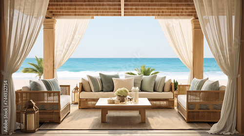 A beachfront cabana with a chic rattan sofa set, flowing curtains, and panoramic views of the ocean.