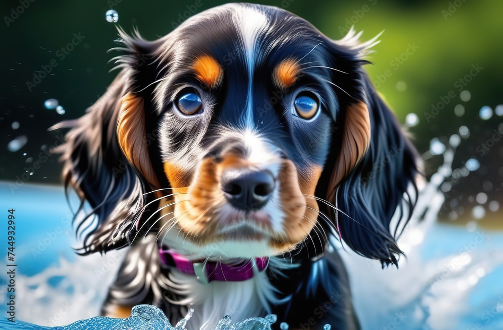 Cute closeup spaniel puppy water splash during jumping as pet care and grooming concept 