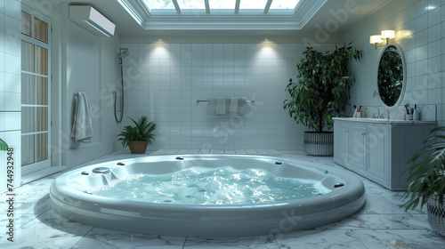 A jacuzzi tub with jets and bubbles in a marble bathroom with a skylight and a vanity mirror