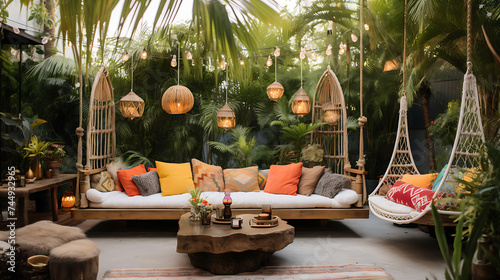 A boho-chic outdoor space with a hammock sofa set  eclectic cushions  and hanging lanterns.