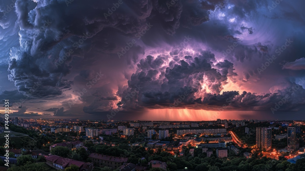 Fototapeta premium lightning thunderstorm hit in the city urban area