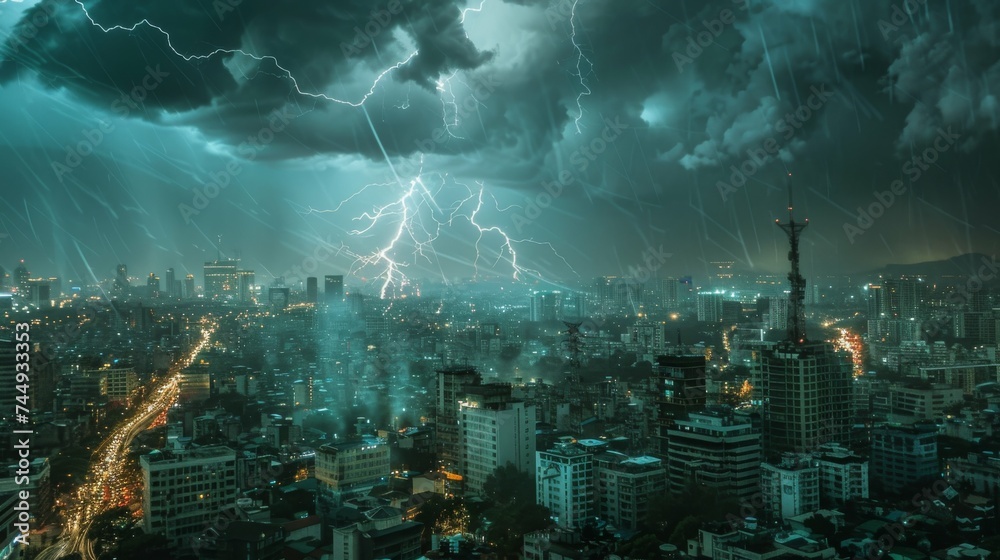 Obraz premium lightning thunderstorm hit in the city urban area