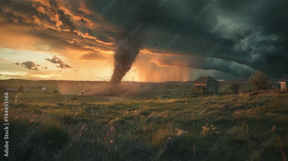 panoramic view of tornado, the natural disaster hit in an open area