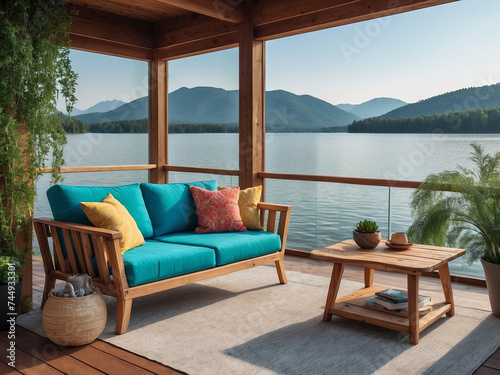 Lakeside Comfort, Wooden Frame Fabric Sofa on the Water's Edge © Saktanong