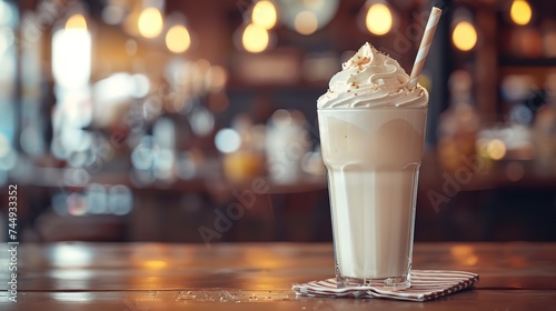 White milkshake with white heavy cream in a straw-holding glass over a grainy cafe setting and space, Generative AI.