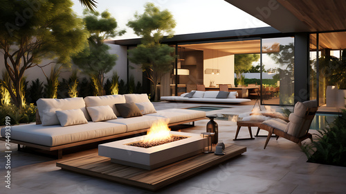 A contemporary outdoor lounge with a modular sofa set, a fire pit, and sleek landscaping for a chic patio experience.