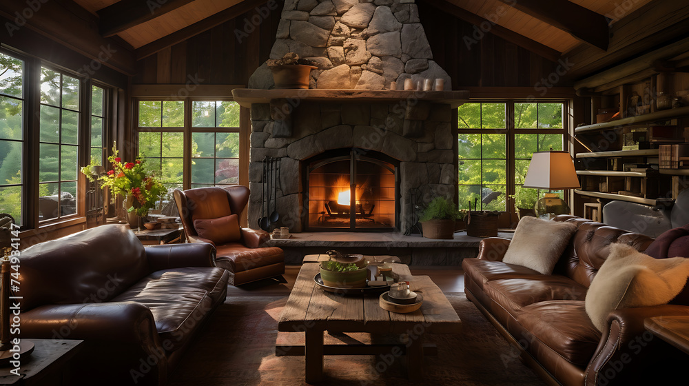 A country farmhouse living room with a distressed leather sofa set, wooden beam ceilings, and a stone fireplace for a cozy, rustic feel.