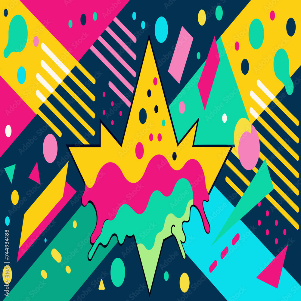 Vibrant Abstract Pop Art Color Paint Splash Pattern Background with Geometric Design Inspired by Trendy Memphis Style of the 80s-90s. Perfect for Wallpaper, Background, and Graphic Design Projects