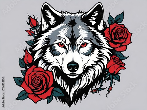 illustration featuring a wolf face with intense red eyes surrounded by vibrant red roses against a neutral grey background. Ideal for wildlife-themed designs. Generative AI. photo