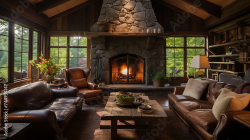 A country farmhouse living room with a distressed leather sofa set, wooden beam ceilings, and a stone fireplace for a cozy, rustic feel. © Muhammad