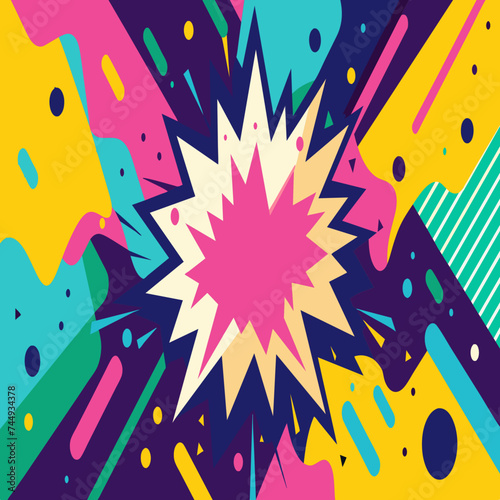 Vibrant Abstract Pop Art Color Paint Splash Pattern Background with Geometric Design Inspired by Trendy Memphis Style of the 80s-90s. Perfect for Wallpaper, Background, and Graphic Design Projects