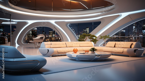 A futuristic lounge with a sectional sofa set featuring built-in technology, set in a smart home environment with automated lighting and climate control.