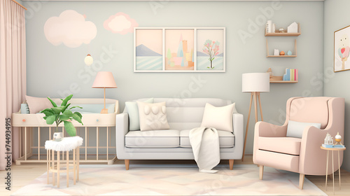 A gender-neutral nursery with a comfortable sofa set  soft pastel colors  and whimsical wall art for a welcoming and serene baby space.