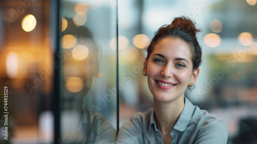 Cheerful businesswoman in office meeting setting with blurred glass walls