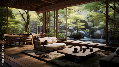 A Japanese tea room with a traditional tatami sofa set, sliding paper doors, and a serene garden view.
