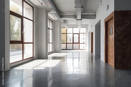 Interior design for an empty room in a business setting. The room is open and has terrazzo tiles on the floor, white walls, and a wooden door