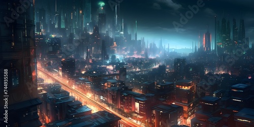 Nightcore: A modern city skyline at night, with tall skyscrapers and dazzling lights creating a futuristic and dynamic atmosphere