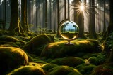 A globe set amidst vibrant green moss in a secluded forest, the interplay of light and shadow painting a surreal and captivating environmental concept