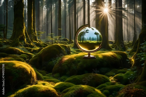 A globe set amidst vibrant green moss in a secluded forest, the interplay of light and shadow painting a surreal and captivating environmental concept