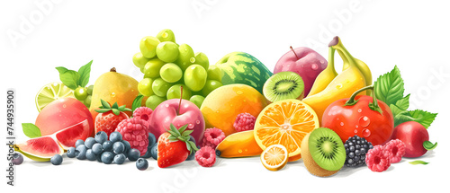 Collection multi-colored useful vegetables, fruits and berries isolated on white background.