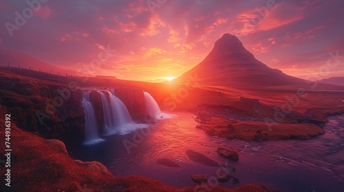 Morning landscape with rising sun on Kirkjufellsfoss waterfall and Kirkjufell mountain © muza