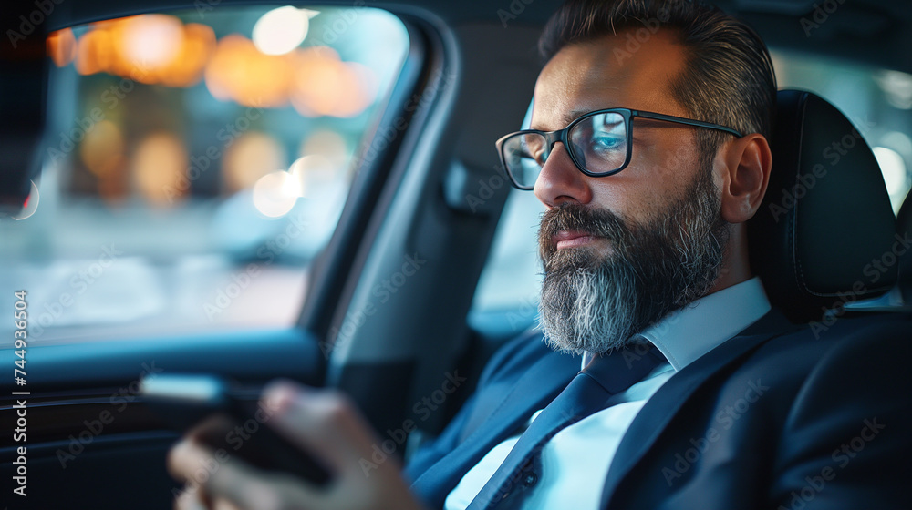 A focused executive in glasses and a suit is using a smartphone in the backseat of a car during a night commute.