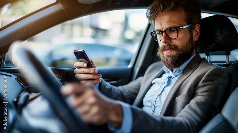 A focused executive in glasses and a suit is using a smartphone in the backseat of a car during a night commute. A focused executive in glasses and a suit is using a smartphone in the backseat of a car during a night commute.
