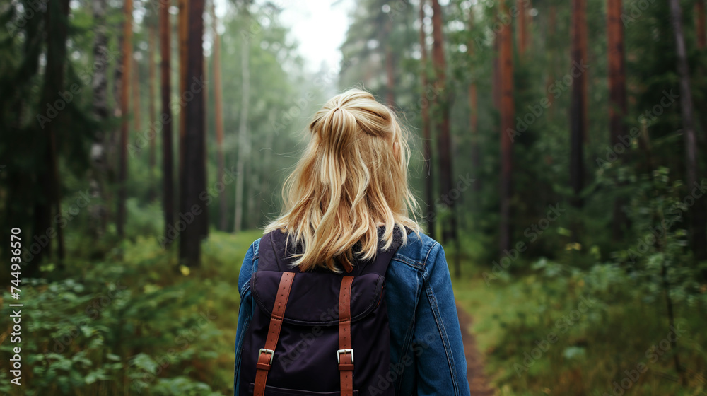 Back view of a solo female traveler with a backpack walking through a lush forest, surrounded by tall trees. Back view of a solo female traveler with a backpack walking through a lush forest, surrounded by tall trees.