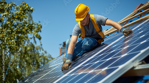 Professional technician in hard hat fitting solar panels on a residential rooftop for sustainable energy.