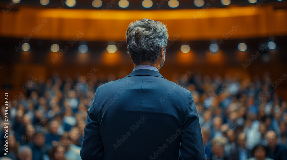 Back view of a speaker at a podium facing a large audience in a conference hall with dramatic lighting and atmosphere. Back view of a speaker at a podium facing a large audience in a conference hall with dramatic lighting and atmosphere.