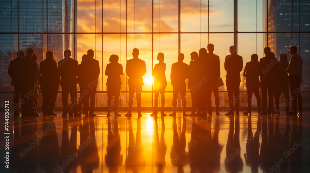 Silhouettes of diverse business professionals gathered for a networking event in a high-rise building during a beautiful sunset. Silhouettes of diverse business professionals gathered for a networking event in a high-rise building during a beautiful sunset.