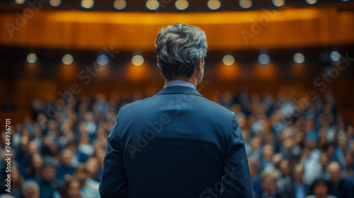 Back view of a speaker at a podium facing a large audience in a conference hall with dramatic lighting and atmosphere.