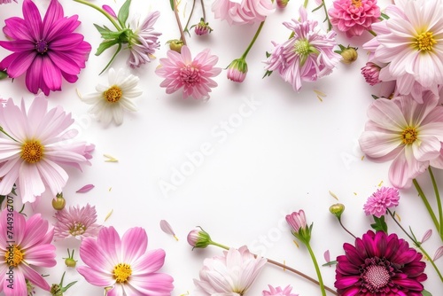 Pink Cosmos Flower Border on White