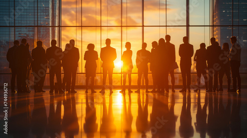 Silhouettes of diverse business professionals gathered for a networking event in a high-rise building during a beautiful sunset.