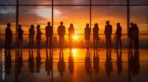 Silhouettes of diverse business professionals gathered for a networking event in a high-rise building during a beautiful sunset.