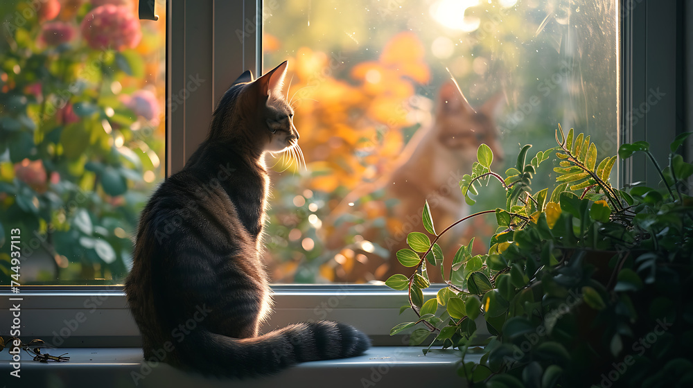 Um gato observando pássaros da janela enquanto uma raposa o observa em uma cena de tranquilidade e convivência pacífica - obrazy, fototapety, plakaty 