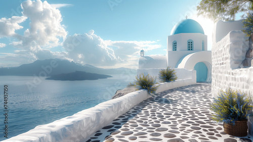A Greek house with a white wall and a blue dome in the island.