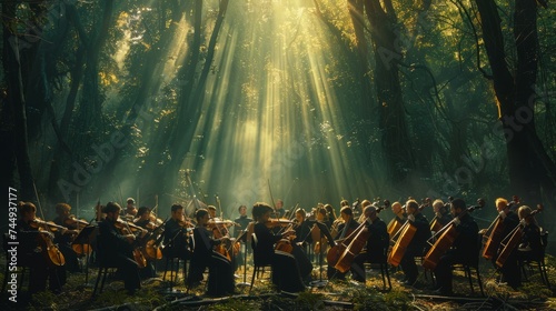 Classical Symphony Orchestra Playing Live in the Forest