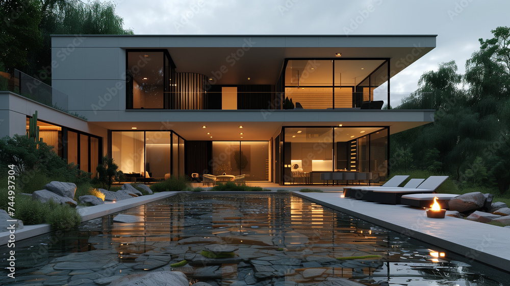 A modern villa with a glass facade and a swimming pool in the backyard. - obrazy, fototapety, plakaty 