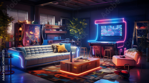 A retro arcade room with a sectional sofa set, classic arcade games, and neon signage for a nostalgic gaming space.