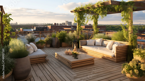 A rooftop garden with a modular sofa set, greenery walls, and a pergola for an urban oasis. © Muhammad
