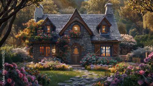 A cozy cottage with a stone chimney and a flower garden in front of it.