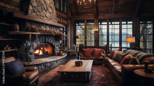 A rustic cabin living room featuring a cozy plaid sofa set, a stone fireplace, and warm wood accents for a mountain retreat vibe.