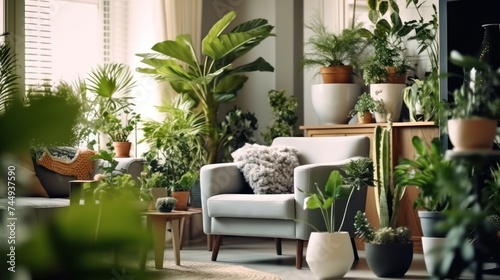 Grey armchair, indoor plants, monstera, palm trees. Urban jungle apartment. Biophilia design. Cozy tropical home garden. Home gardening.