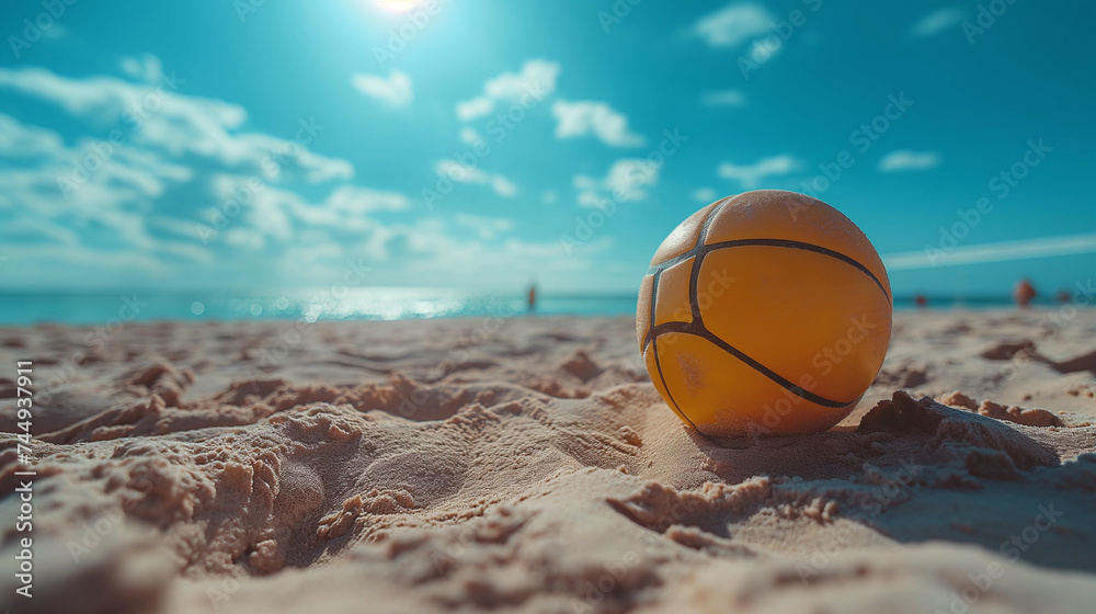 Close-up of a yellow volleyball on the sandy shore with the ocean and blue sky in the background.