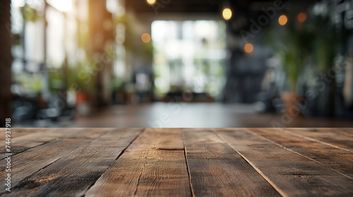 Wooden surface with a defocused background of a restaurant setting, showcasing an inviting ambiance.