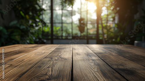 Wooden surface with a defocused background of a restaurant setting  showcasing an inviting ambiance.