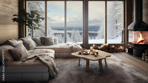 A Scandinavian winter cabin with a cozy sofa set, fur throws, and a fireplace surrounded by snowy landscapes. © Muhammad